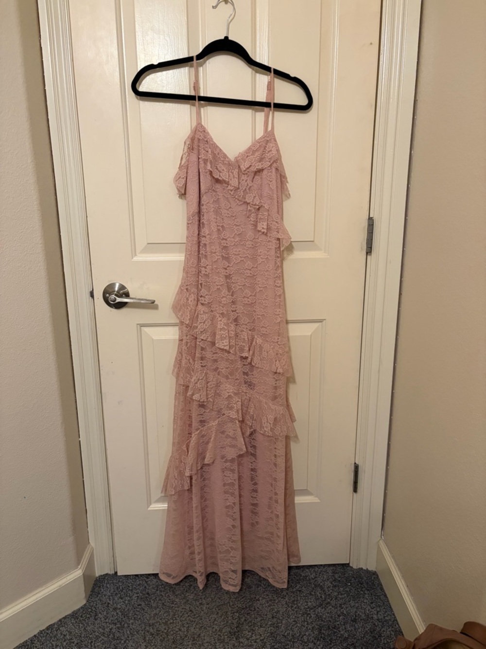 Blush Pink Lace Ruffle Maxi Dress